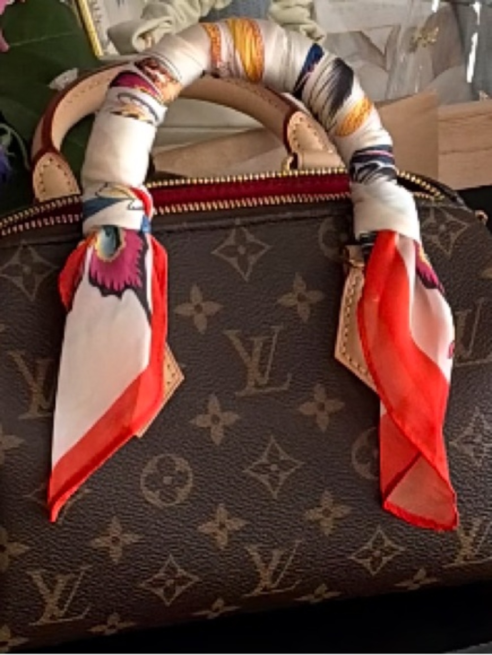 Louis Vuitton Brown Monogram Satchel with Red-Accented Silk Handle Wrap